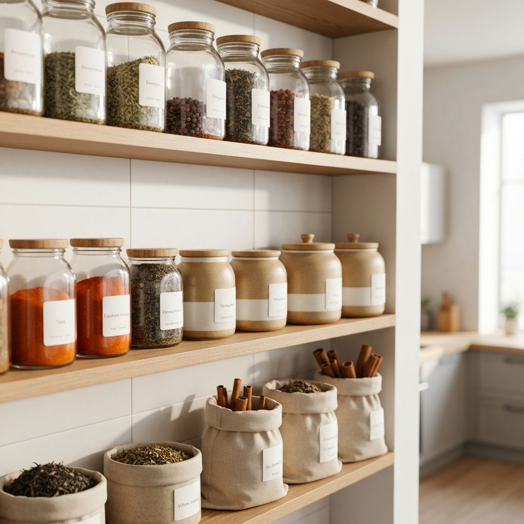Gewürzregal mit Gläsern und Behältern